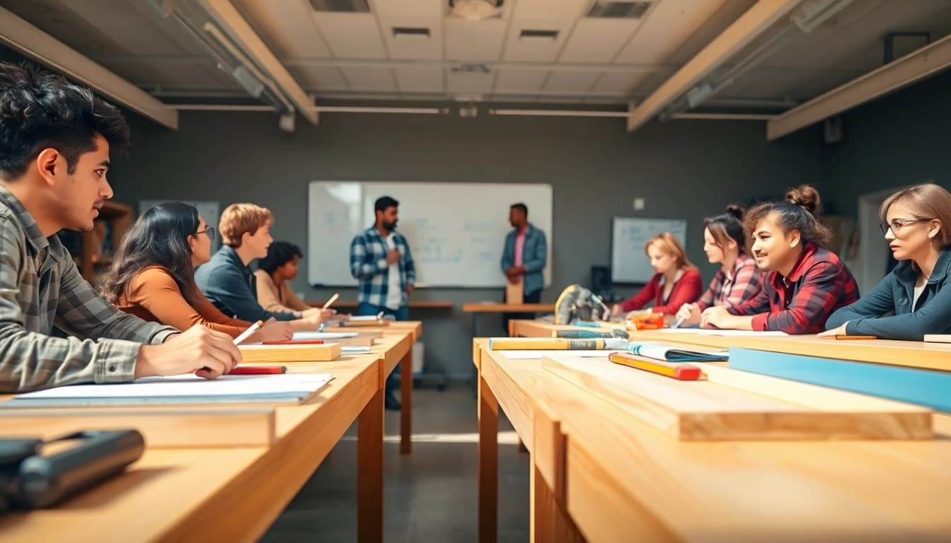 Engaged students in construction classes practicing hands-on techniques in a bright classroom.