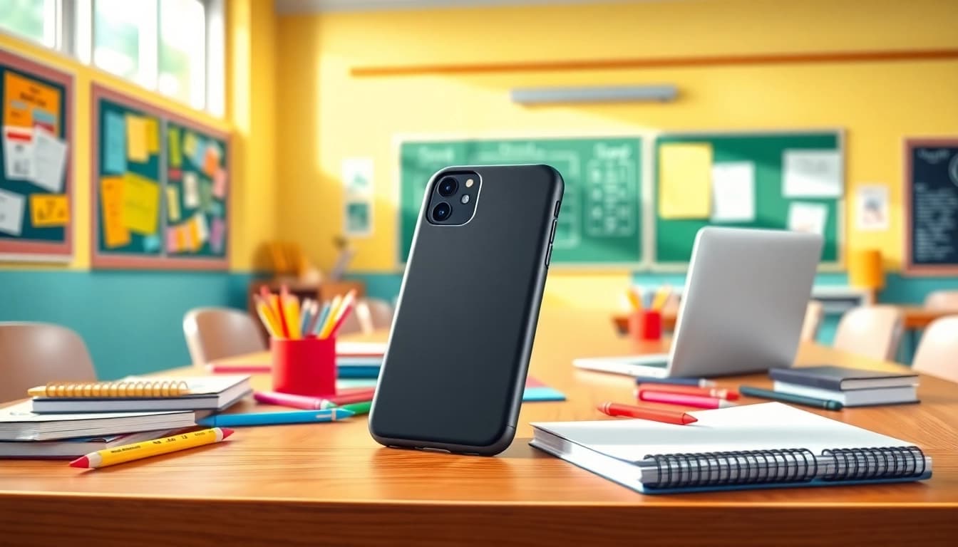 Handytasche Klassenzimmer auf einem Schreibtisch zwischen Schulmaterialien für einen effektiven Unterricht.