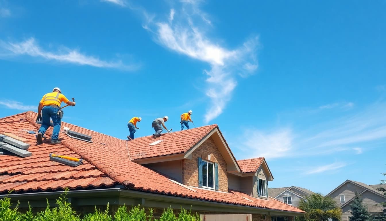 Roofing company technicians expertly installing shingles on a modern residential roof.