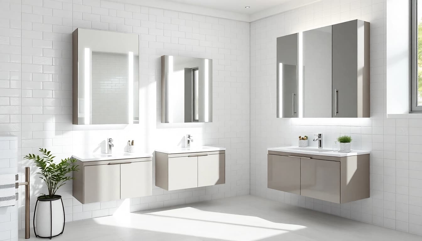 Explore illuminated bathroom cabinets with sleek designs and efficient LED lighting in a modern setup.