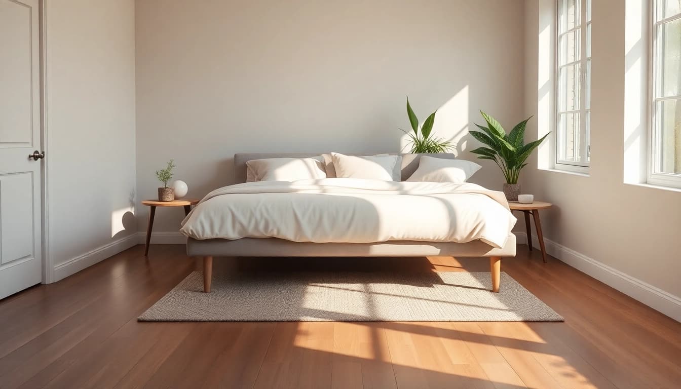 Elevate your bedroom with a stylish full size bed, cozy bedding, and calming decor.