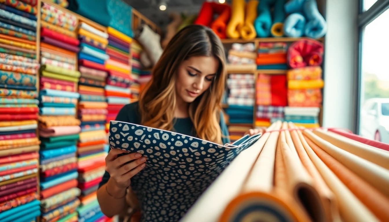 Stoffen online bestellen, kleurrijke stoffen en klant die een rol bekijkt.
