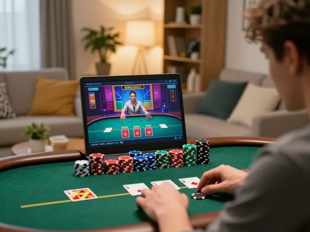 LC88 player strategizing during an online poker game, surrounded by cozy home atmosphere.