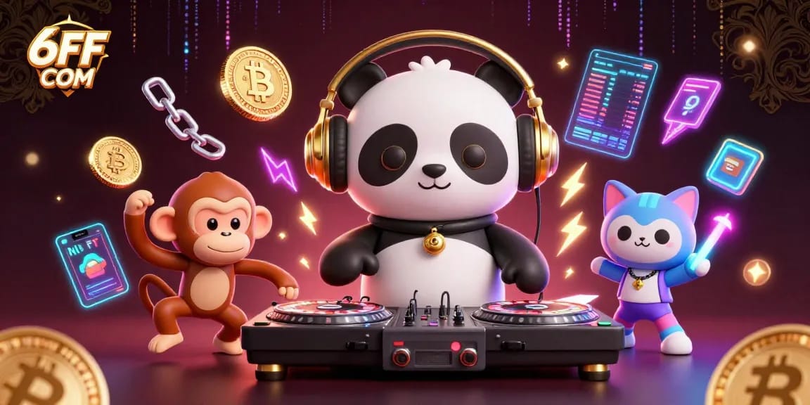 Engage with exciting games at 6FF COM, featuring a DJ panda amidst neon coins.