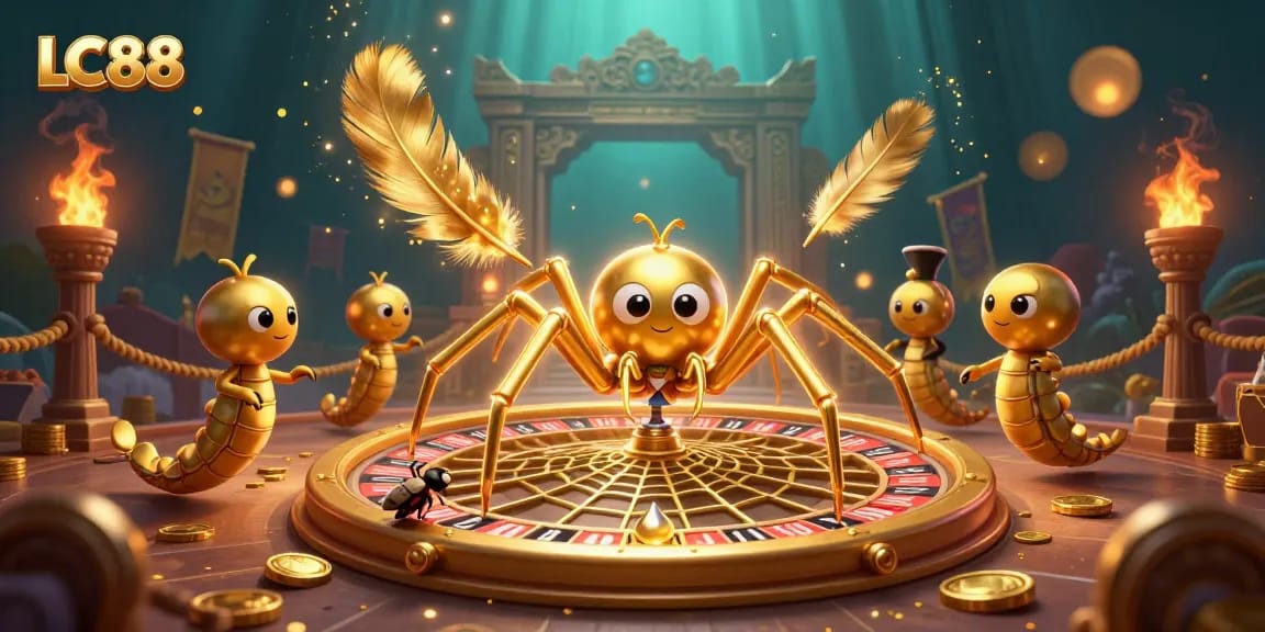 Place bets at LC88 as the golden spider spins the roulette web, showcasing a vibrant gambling world.