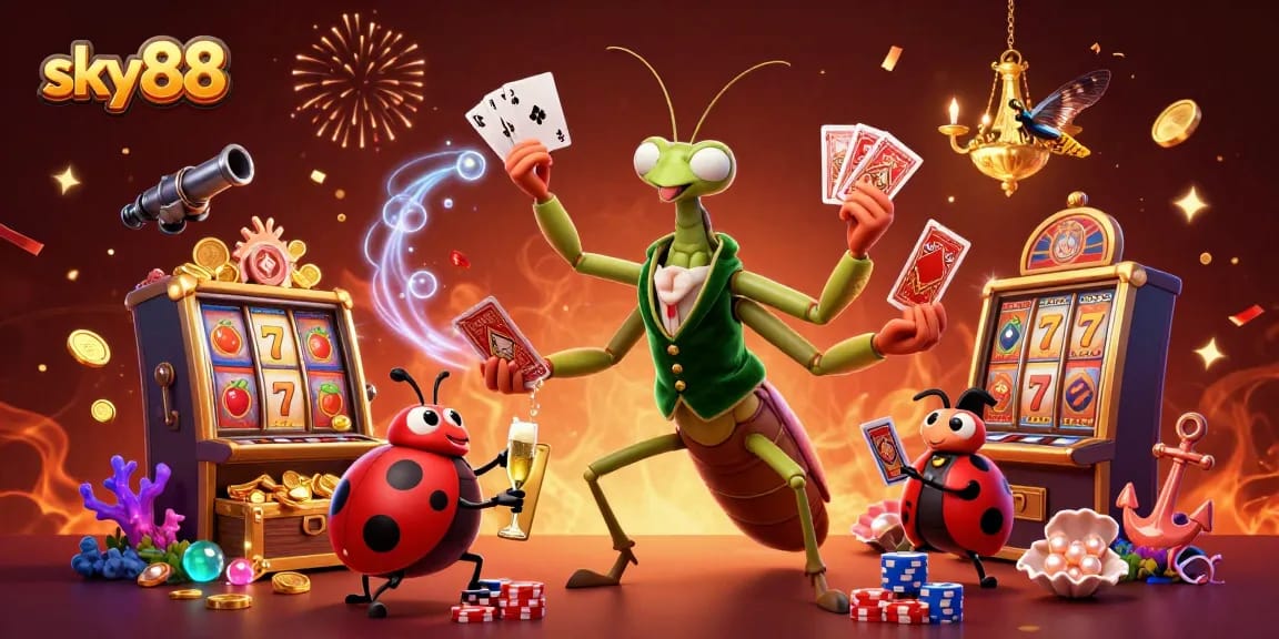 Engage with sky88 in a vibrant casino scene, featuring a giant praying mantis dealer amid slot machines and gold coins.