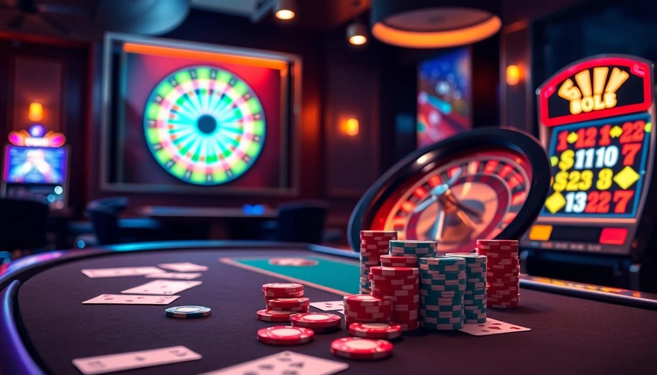Dynamic casino table with poker chips and cards - luck8 exemplifying the thrill of gambling.