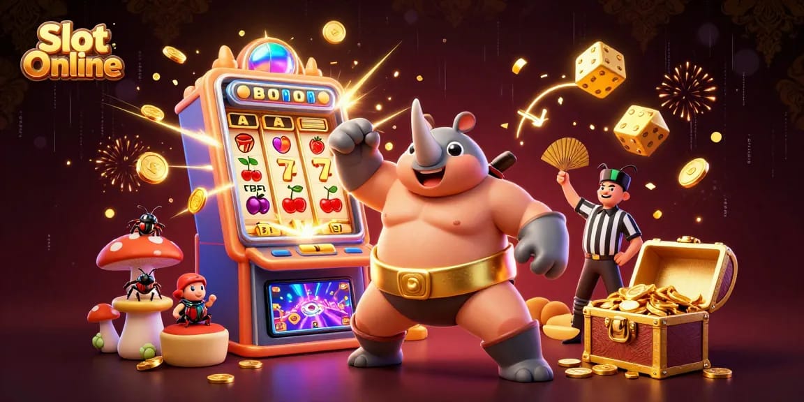 Experience the thrill of Slot Online with a beetle champion stomping coins and jackpots erupting in this vibrant 3D scene.