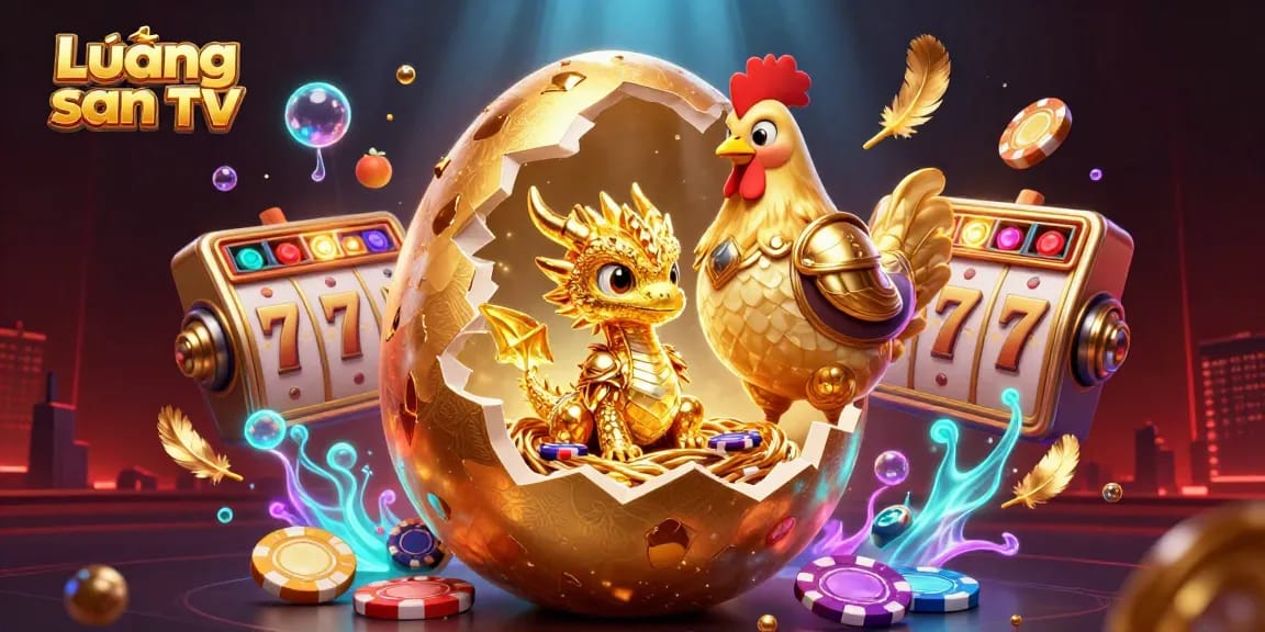 Lương sơn TV showcases a golden dragon on poker chips surrounded by slot elements for online gambling.