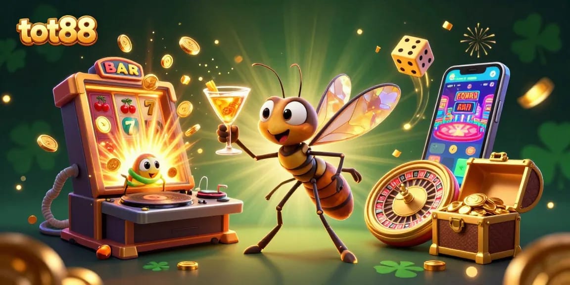 Experience the excitement of tot88 with a dynamic casino scene bursting with life and vibrant elements.