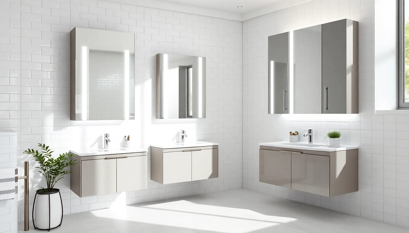 Explore illuminated bathroom cabinets with sleek designs and efficient LED lighting in a modern setup.