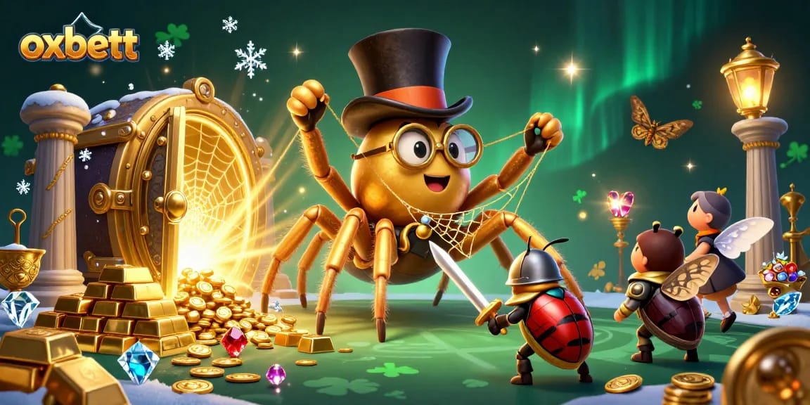 Experience thrilling gameplay at oxbett with a golden tarantula weaving luck amidst casino treasure.