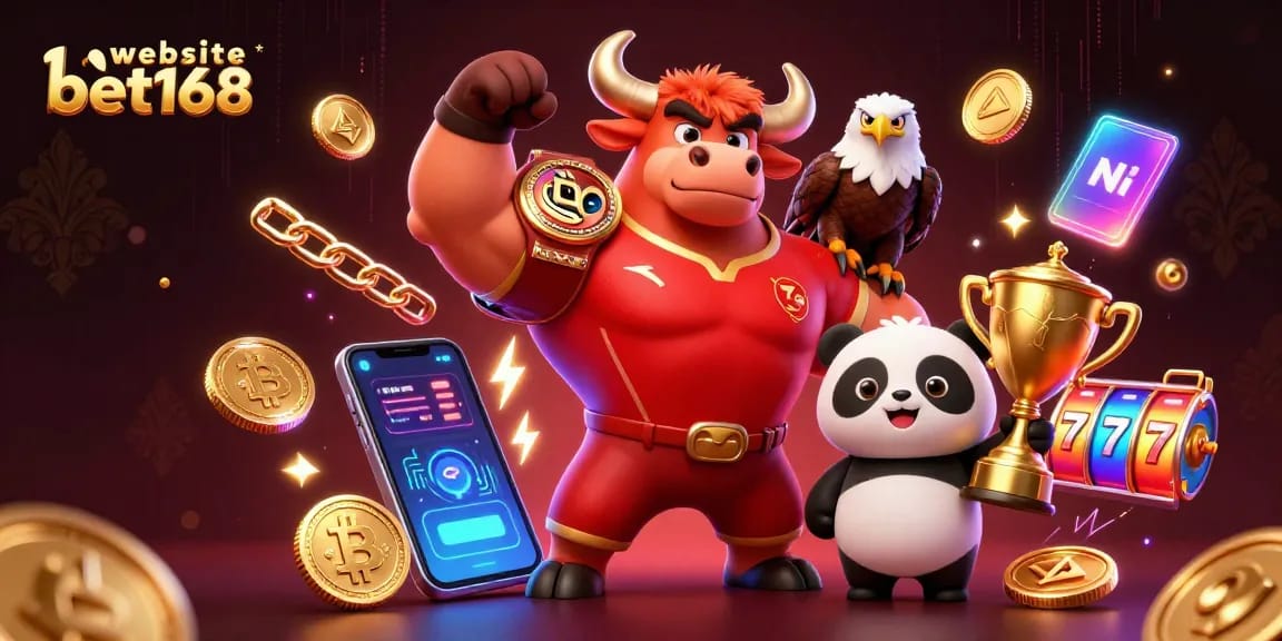 Engage with dynamic gaming action on the website bet168, featuring a triumphant bull, eagle, and panda amidst vibrant casino elements.