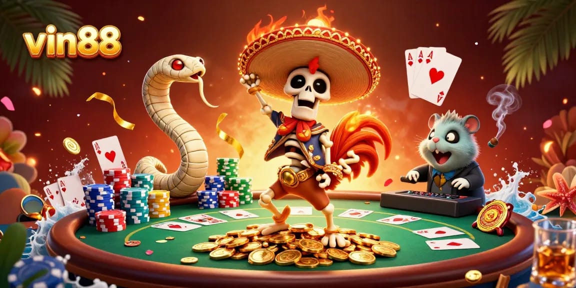 Experience the thrilling vin88 world with vibrant characters celebrating on a poker table surrounded by gold coins.