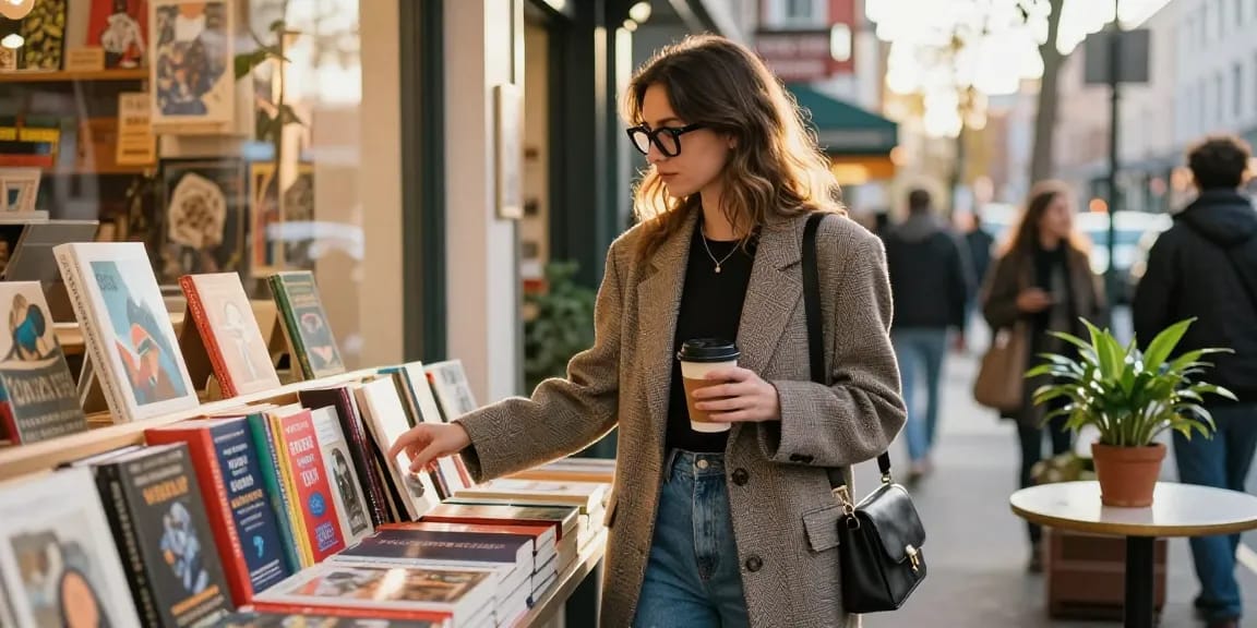 Stylish woman wearing óculos de grau feminino browsing in a cozy bookshop