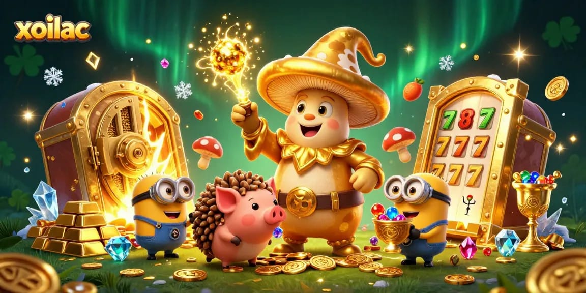 Experience winning magic at xoilac with a golden wizard casting treasures in a vibrant casino scene.