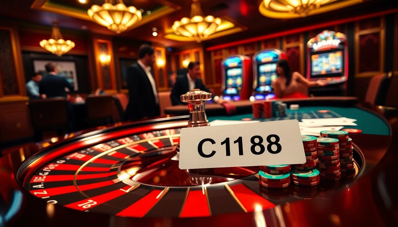 Experience dynamic C168 casino action with poker chips and a roulette wheel in an upscale setting.