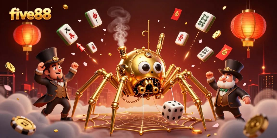 Experience the thrill of five88 gaming with the animated golden spider capturing luck in its web.