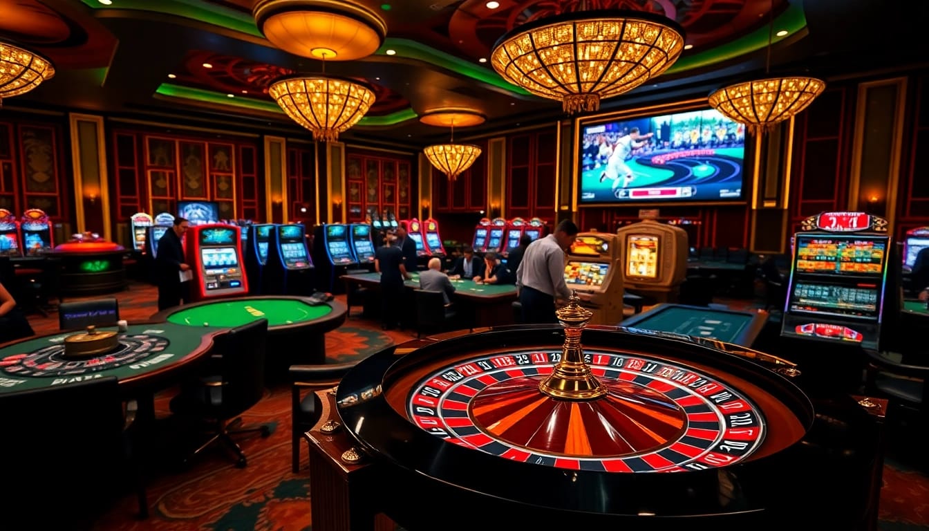 Cakhiatv immersive gambling scene with luxurious casino tables and live sports on display.