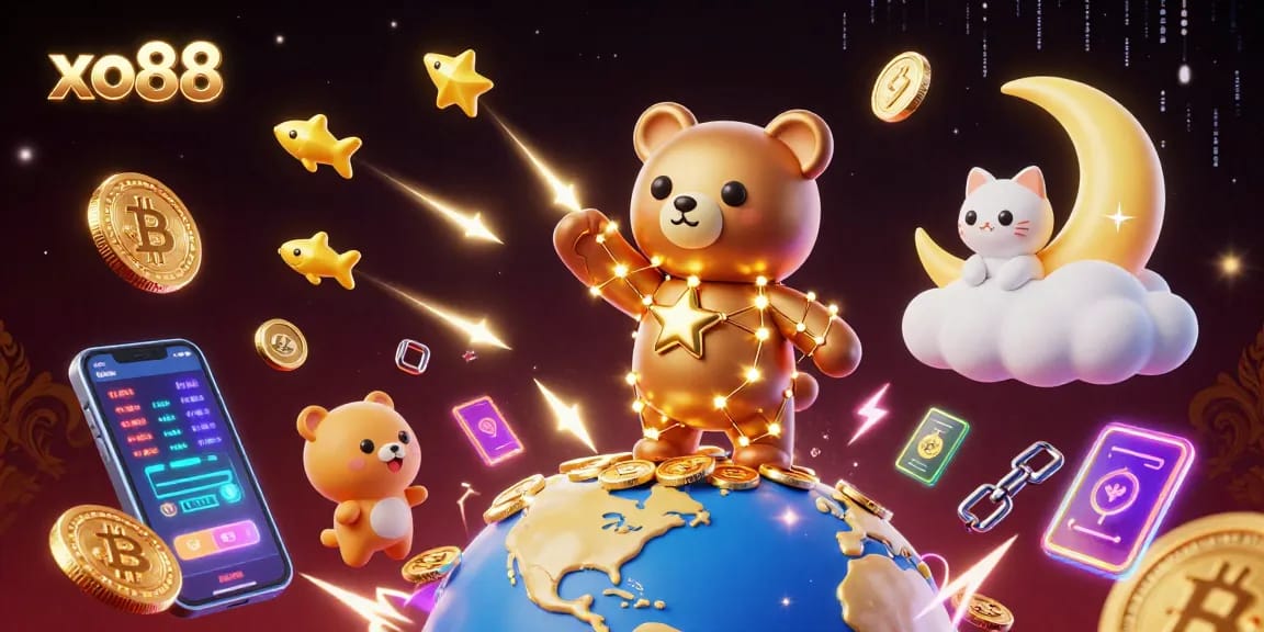 Join the excitement with xo88 as the celestial bear scoops coins in a vibrant 3D casino world!