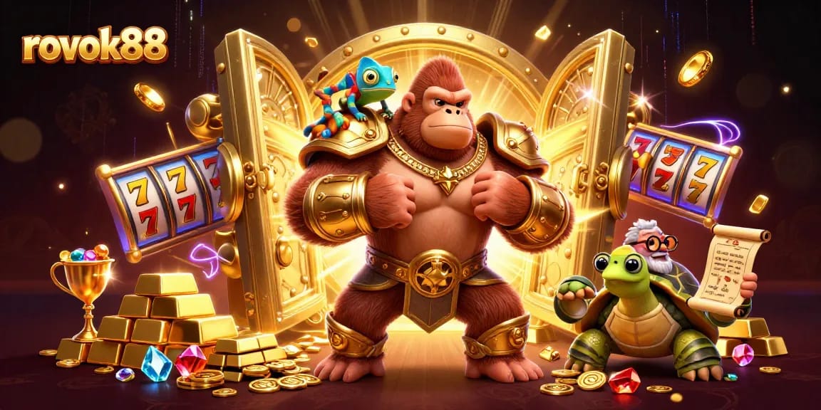 Engage with rokok88 as the gorilla king showcases his strength amidst a vibrant casino backdrop.