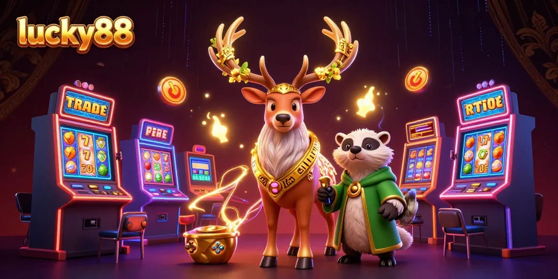Engage with lucky88 slot gameplay featuring Celtic druid stag and wise badger amidst vibrant gaming elements.