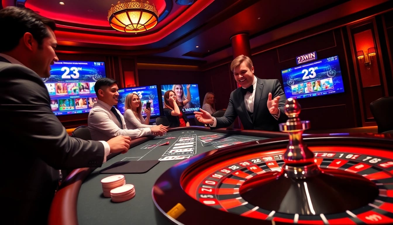 Players enjoying a thrilling game at the 23WIN casino table, highlighting excitement and engagement.