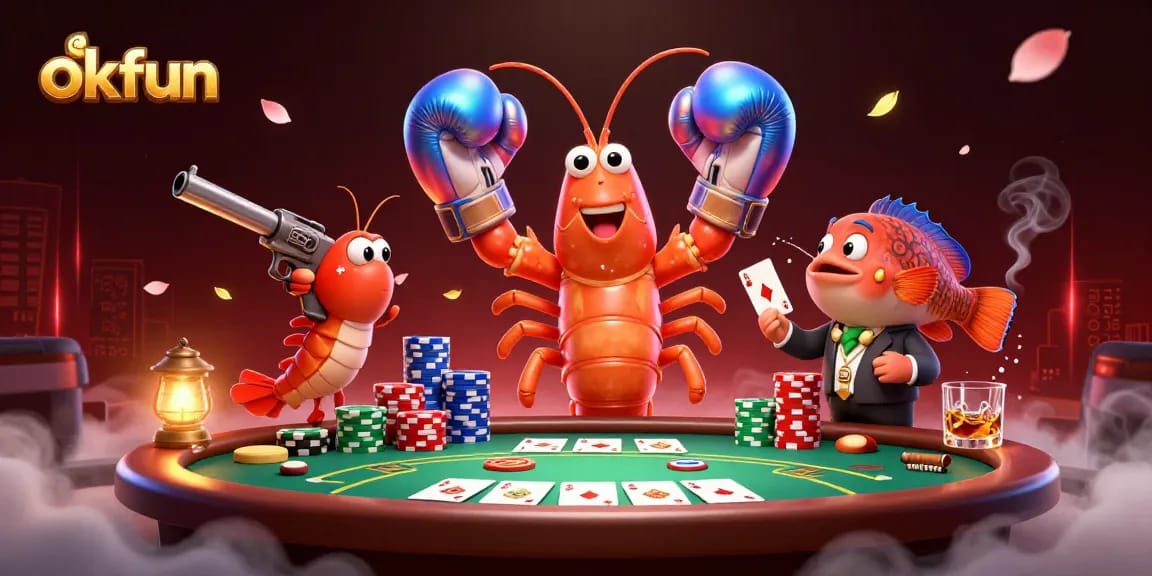 okfun players engaging in a dynamic casino scene with poker action and vibrant characters