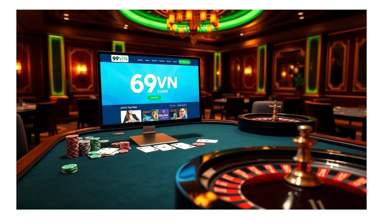 Engage with the vibrant online gambling experience at https://69vn.br.com/ featuring poker chips and a roulette wheel.