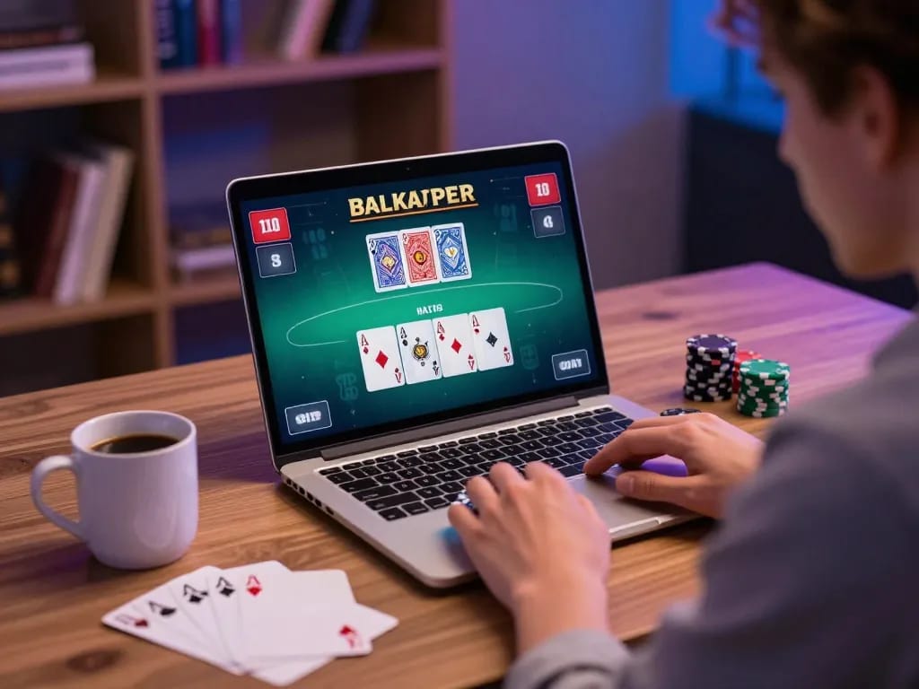 Engage in strategic gameplay with 789WIN in a cozy home gaming setup featuring live blackjack.