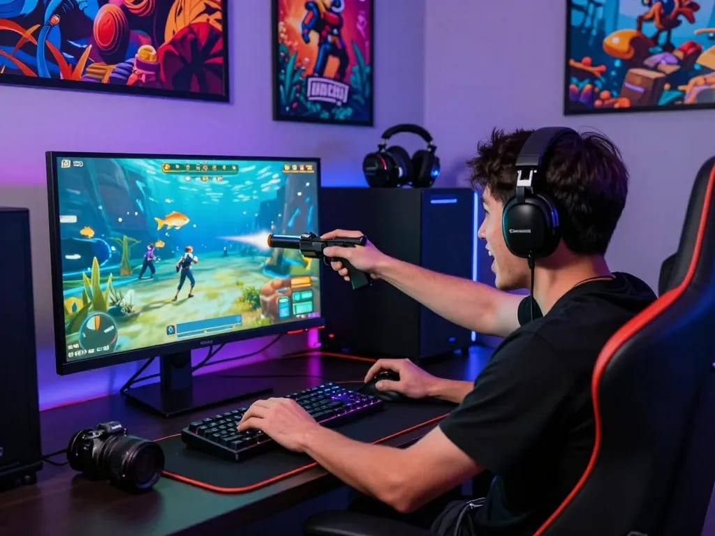 Enthusiastic gamer enjoying Game bài hubet88 in a vibrant gaming setup.
