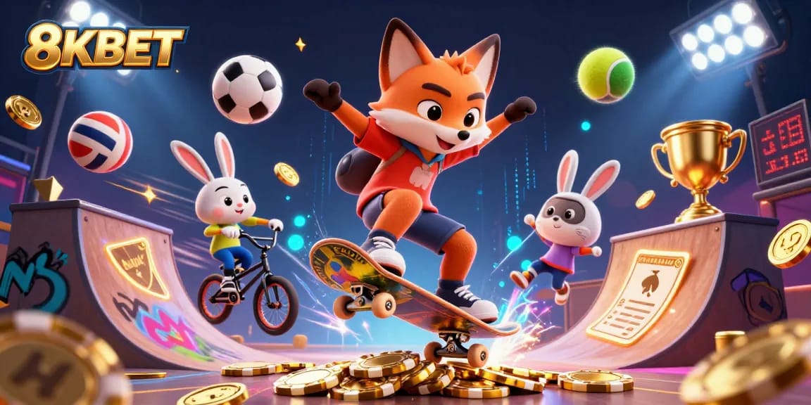 Engage in 8KBET with a dynamic scene of gaming excitement featuring playful casino elements.