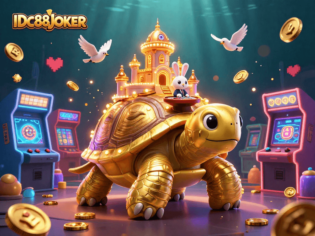 Engage with IDC88JOKER's vibrant casino world featuring a golden tortoise and game-filled action.