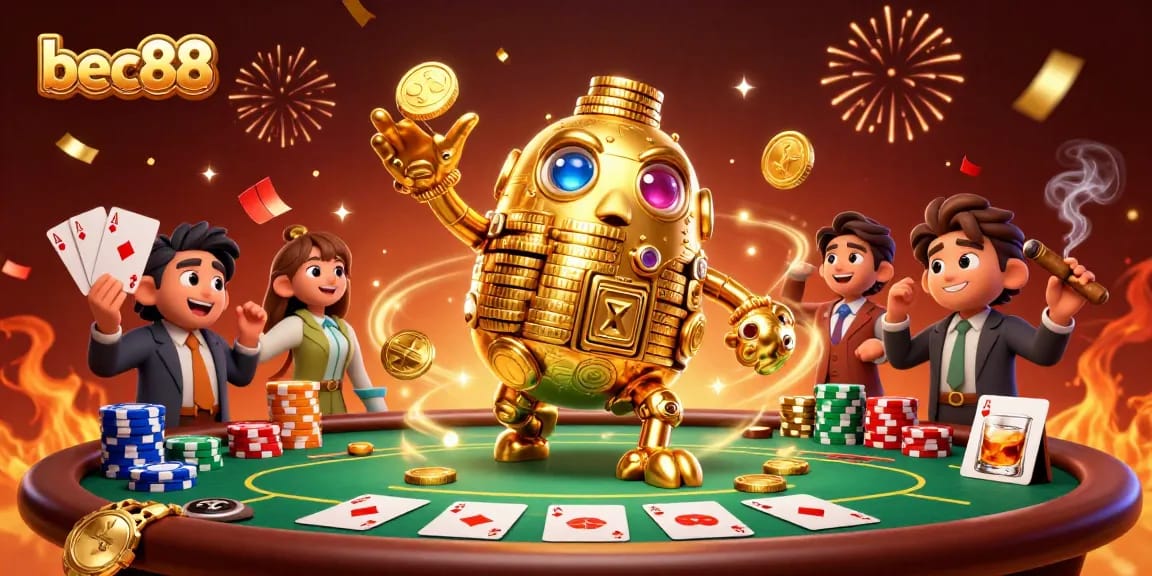 Experience exciting gameplay with bec88, featuring a golden golem and poker elements in a vibrant casino scene.