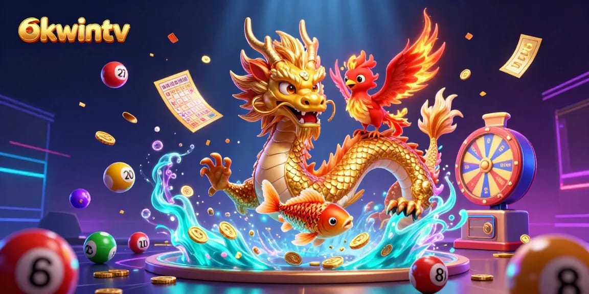 Engage with the thrilling excitement of okwintv featuring a dragon, phoenix, and koi amidst dynamic gambling symbols.