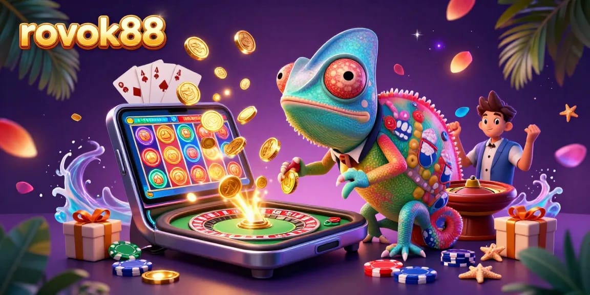 Engage in thrilling games with rokok88's vibrant chameleon casino scene, brimming with colorful elements.