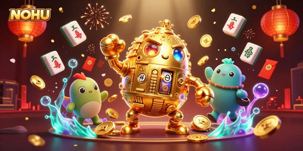 Engage in thrilling NOHU casino games with a vibrant illustration featuring a golden golem and dynamic gameplay elements.