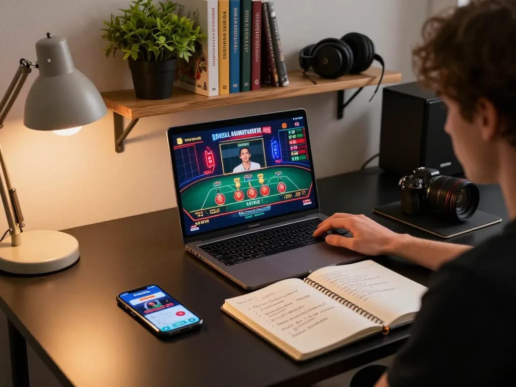 Nyonya9 player engaged in online gaming, strategizing with notes and app interface.