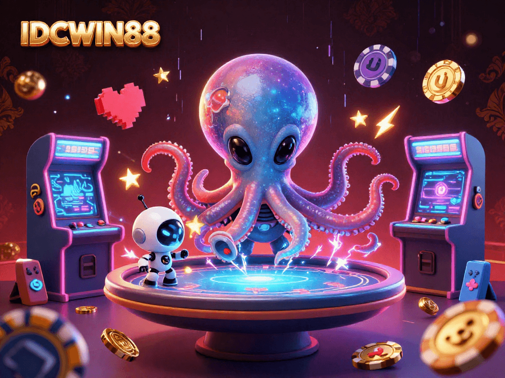 Engage in thrilling gameplay at IDCWIN88 with an alien octopus dealer and vibrant casino elements.