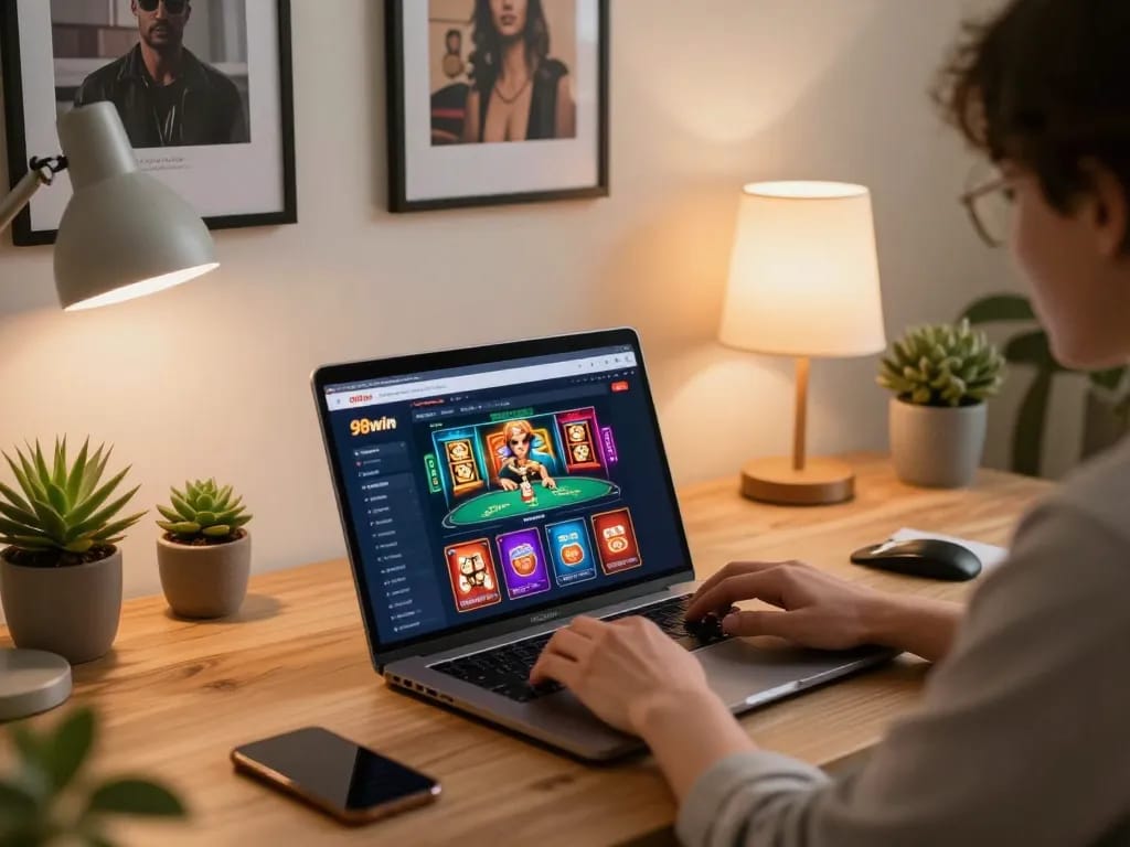 Gamer enjoying 98win online casino on a laptop in a cozy home office