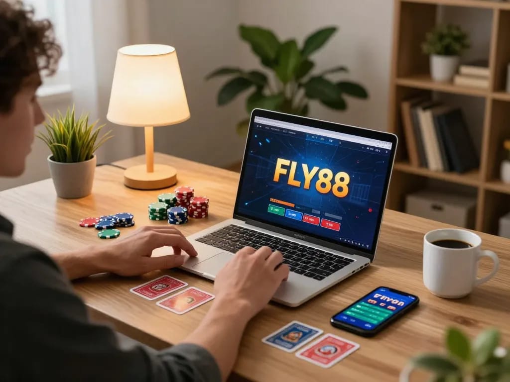FLY88 online gaming experience with a player using a laptop and smartphone in a cozy setting.