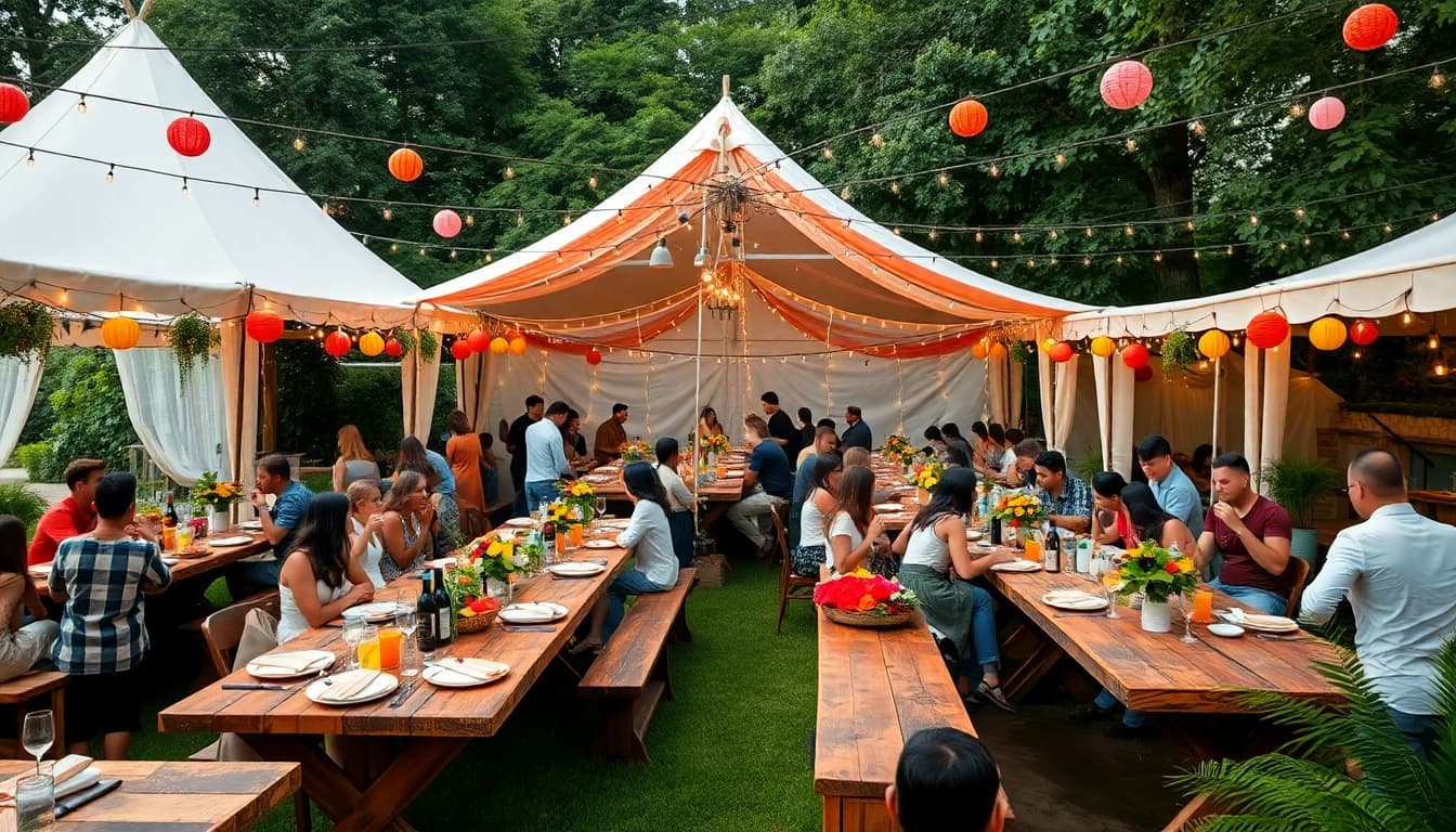 Guests enjoying Outdoor Party Rentals at a vibrant, decorated outdoor event space.