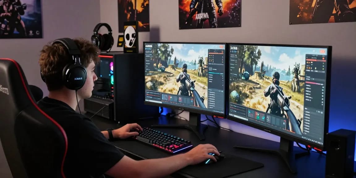 Player using ArmA 3 cheats at a high-tech gaming setup with multiple monitors displaying the game.