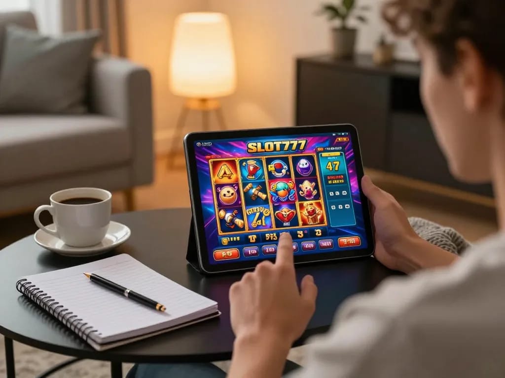 SLOT777 gameplay displayed on a tablet in a cozy home setting, emphasizing online casino excitement and strategy.