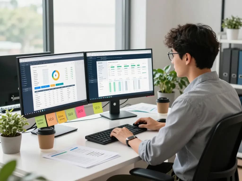 Expert working with group buy SEO tools in a modern office