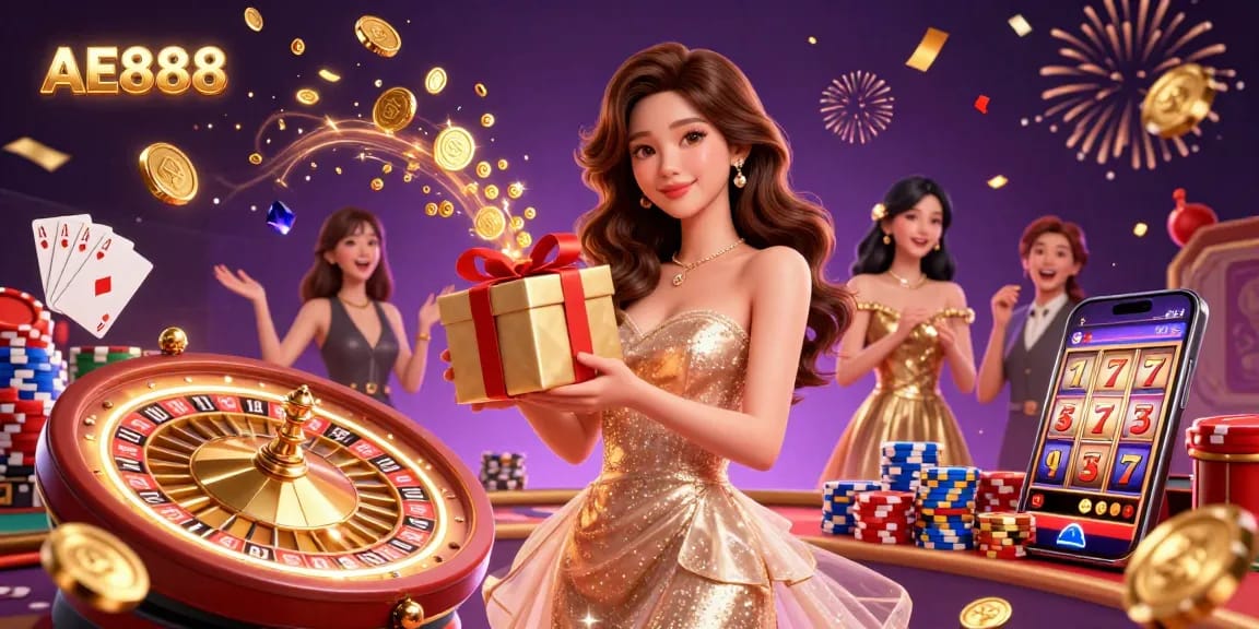 Watch AE888's stunning Lunar New Year celebration with a beautiful woman presenting golden coins and festive casino elements.