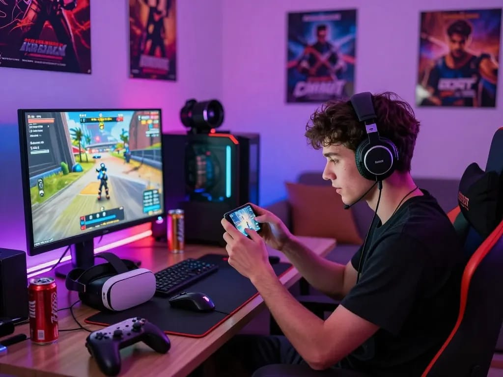 Immersed in a mobile porn game, gamer in a vibrant room with neon lights and gaming accessories.