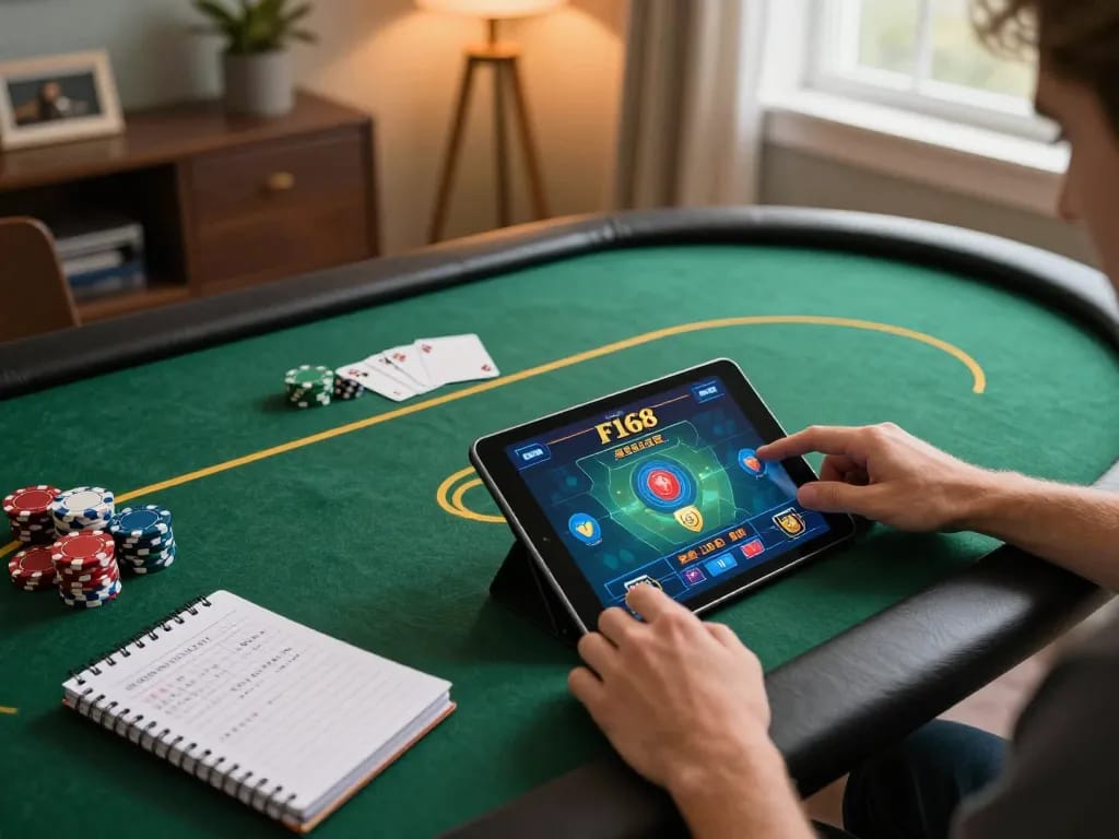 Player engaging with F168 on a tablet, showcasing online casino gaming experience.