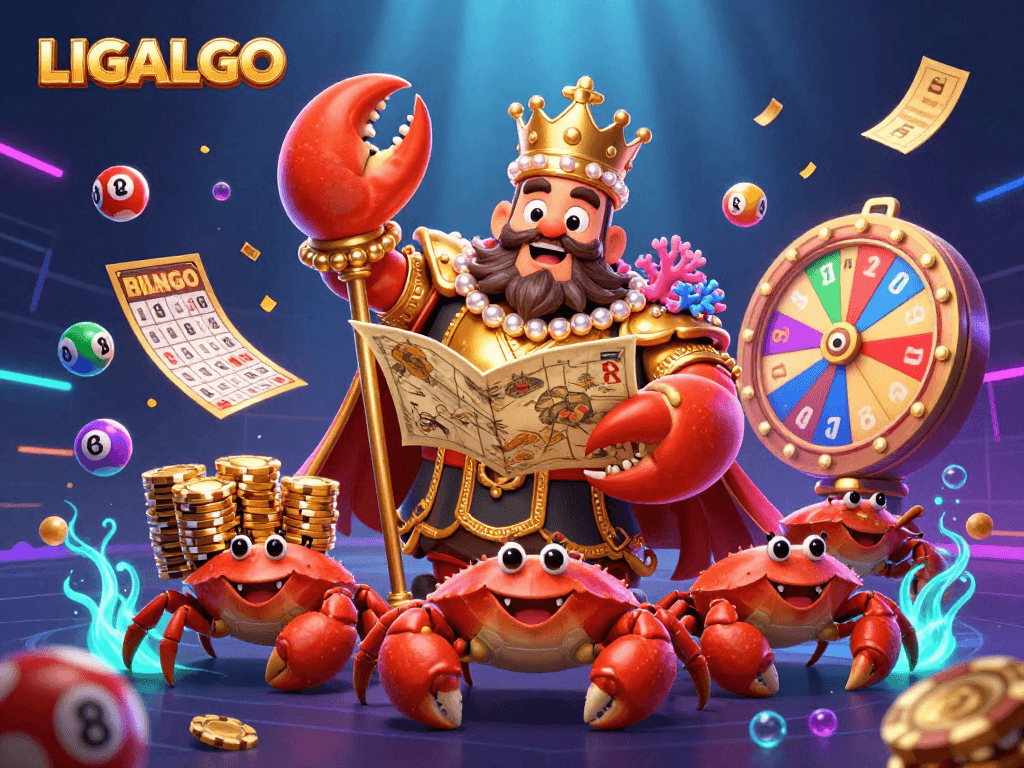 LIGALGO showcases vibrant 3D casino elements with a golden crab emperor at the center in an underwater setting.