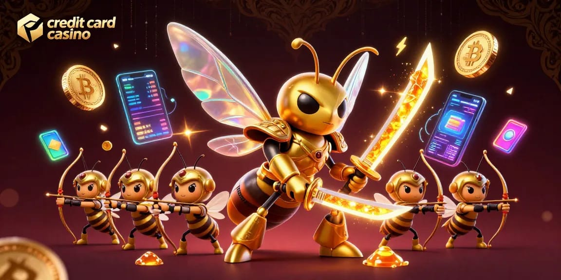 Engage with the vibrant action of a credit card casino scene featuring a hornet samurai amidst spectacular gaming elements.